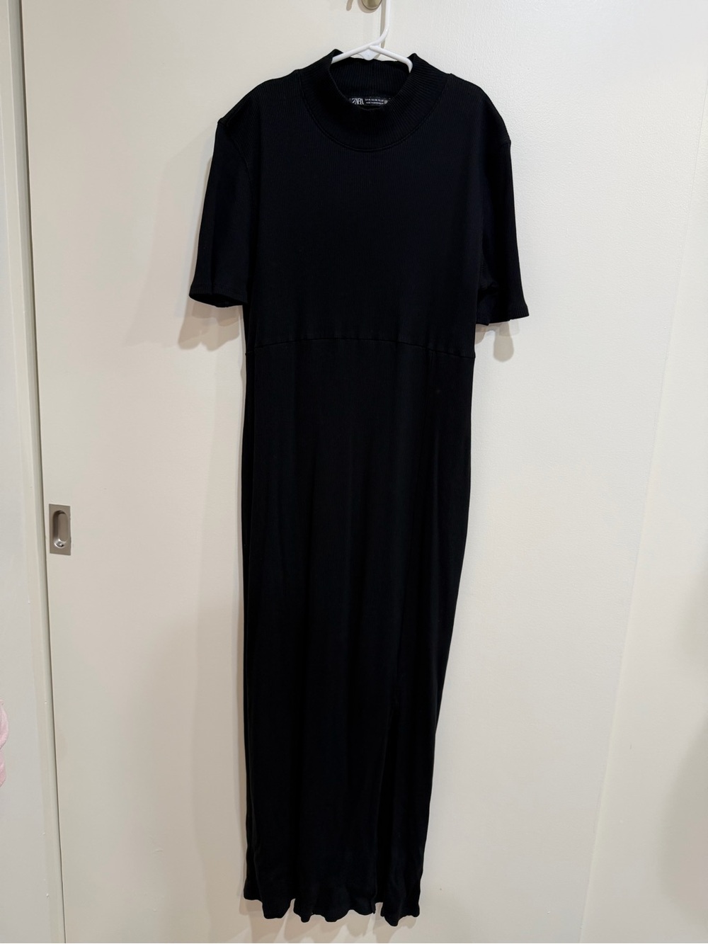 Zara Black Short-Sleeve Midi Dress with Mock Neck